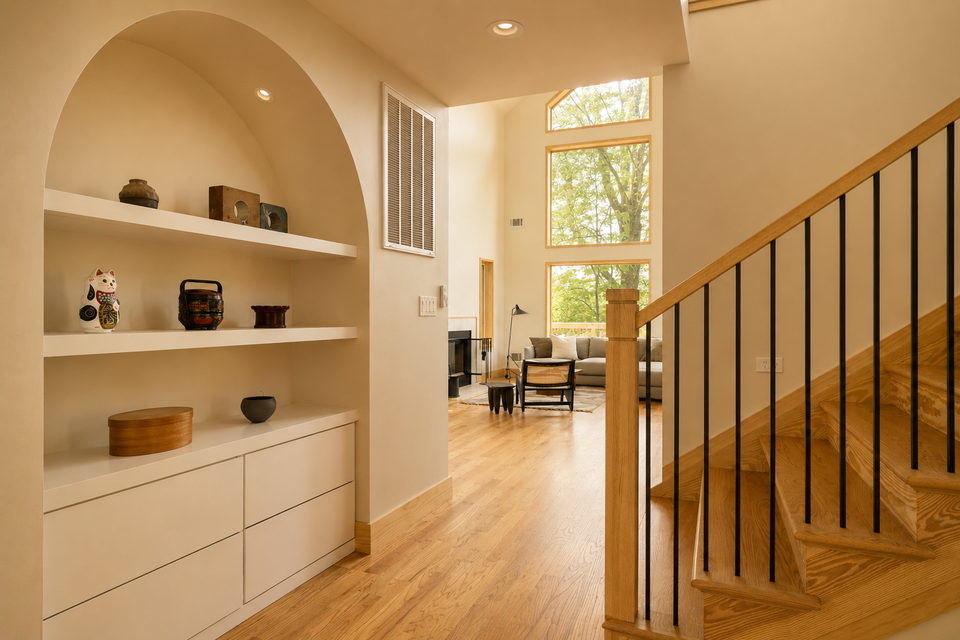 Open kitchen and dining under 24-foot ceilings at 130 Abromowitz Rd