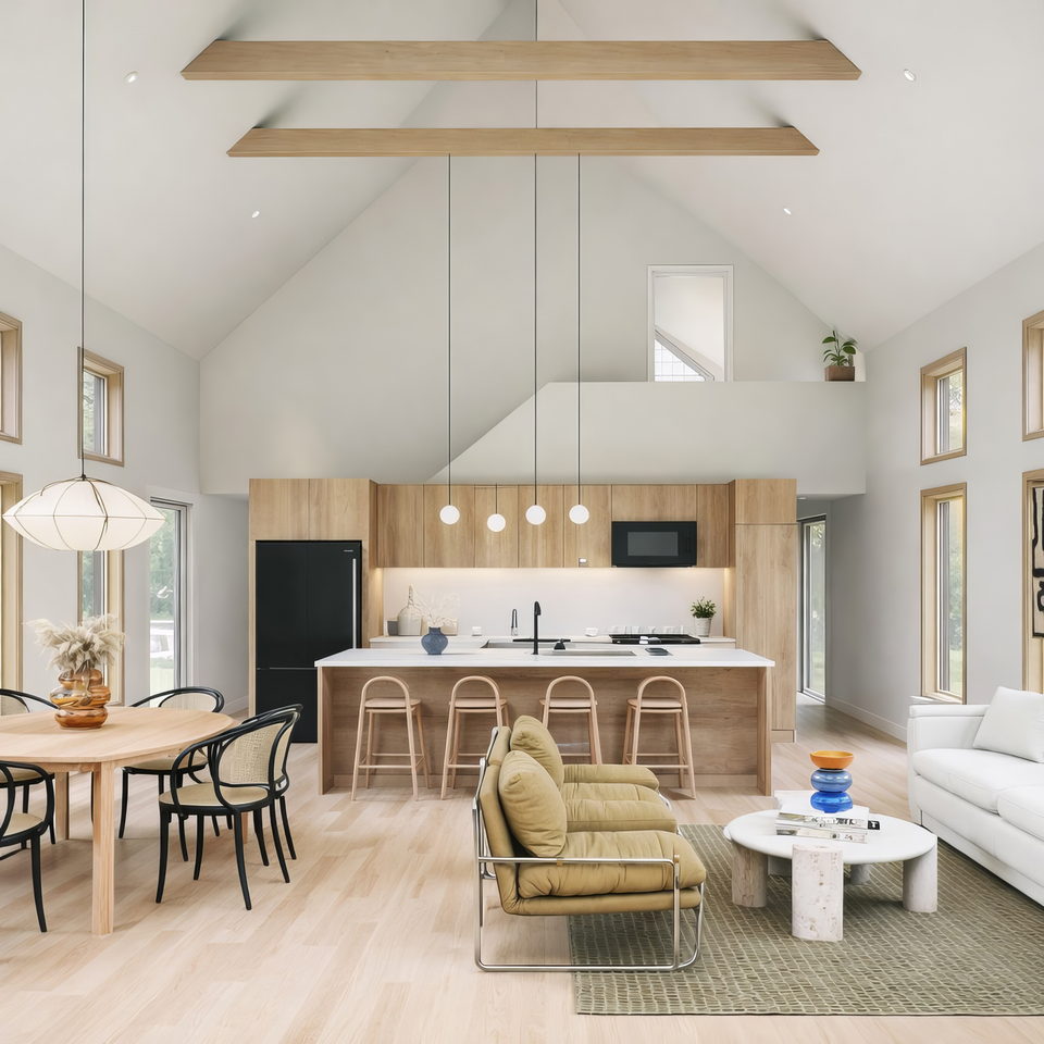 Living and dining area under soaring ceilings at 160 Birchall Rd