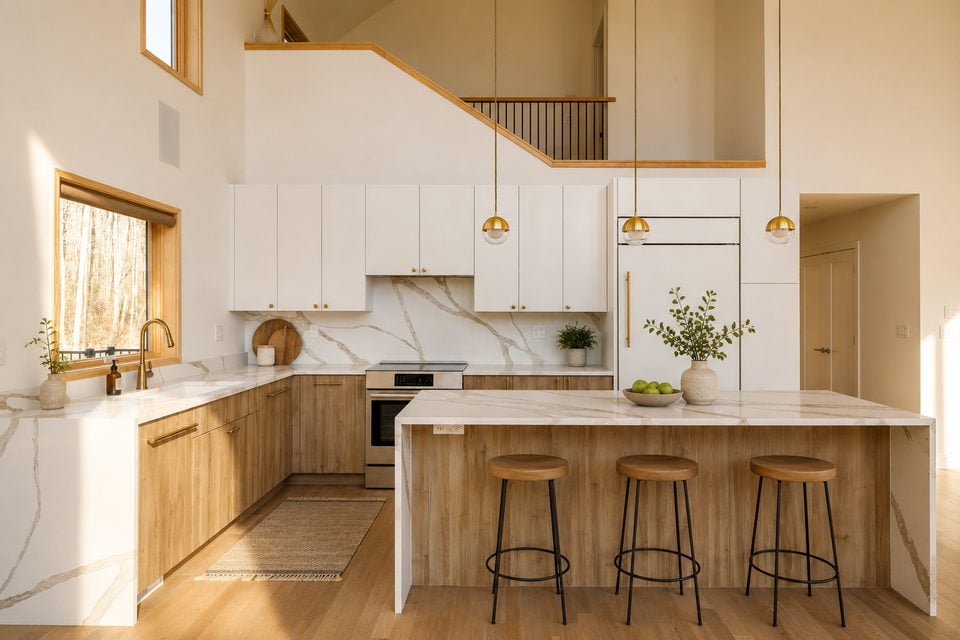 Kitchen with a ten-foot quartz island under linear pendants