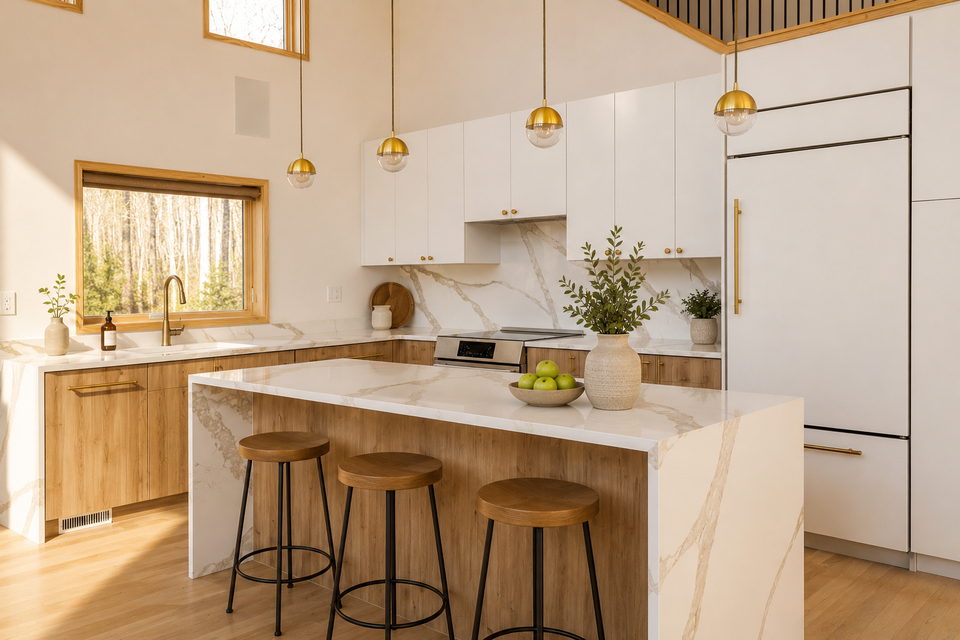 Kitchen with quartz island in a finished Rustic Pines home