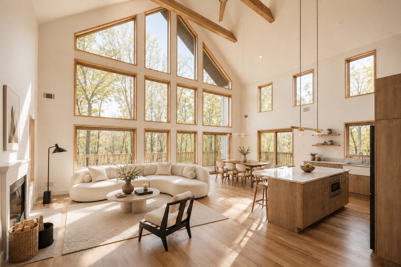 Great room interior of a Rustic Pines home
