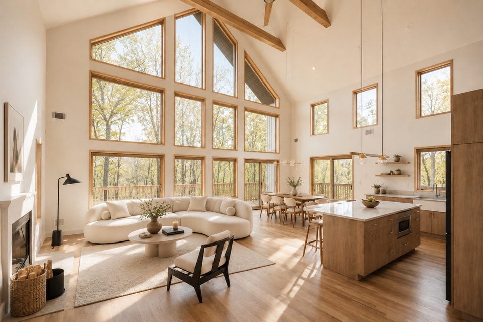 Double-height great room with floor-to-ceiling Low-E glass