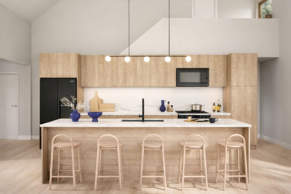 Kitchen with quartz island and forest views at 140 Birchall Rd