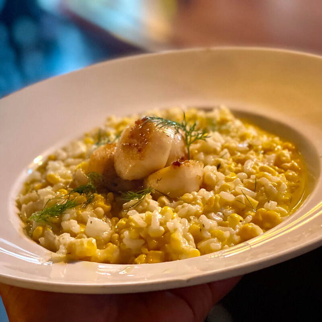 Seared scallops plated at Aroma Thyme Bistro