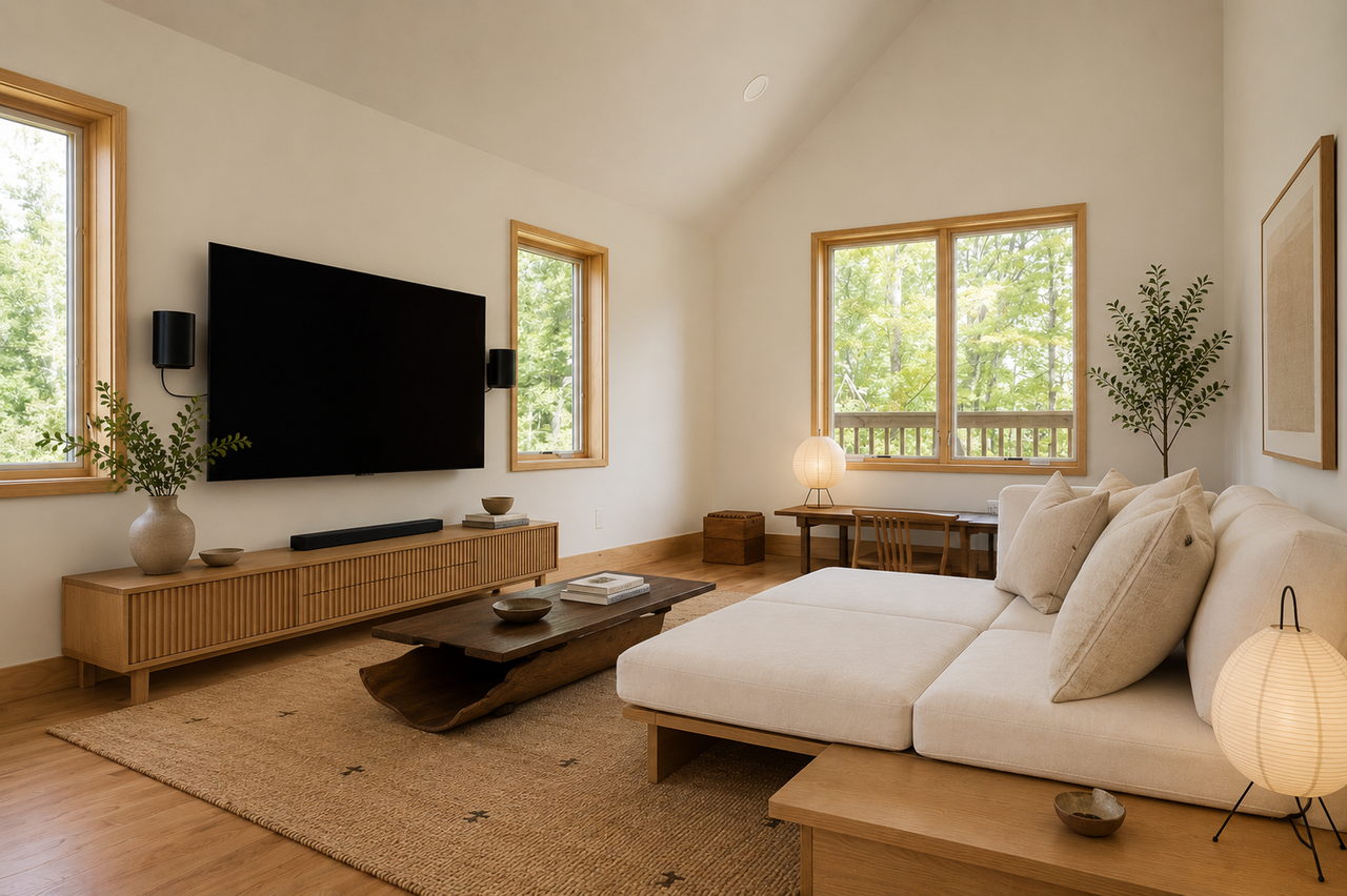 Wall of floor-to-ceiling windows in a Rustic Pines living room