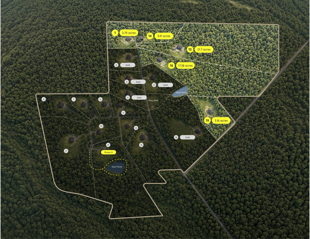 Site plan of the Rustic Pines lots, showing available and sold parcels