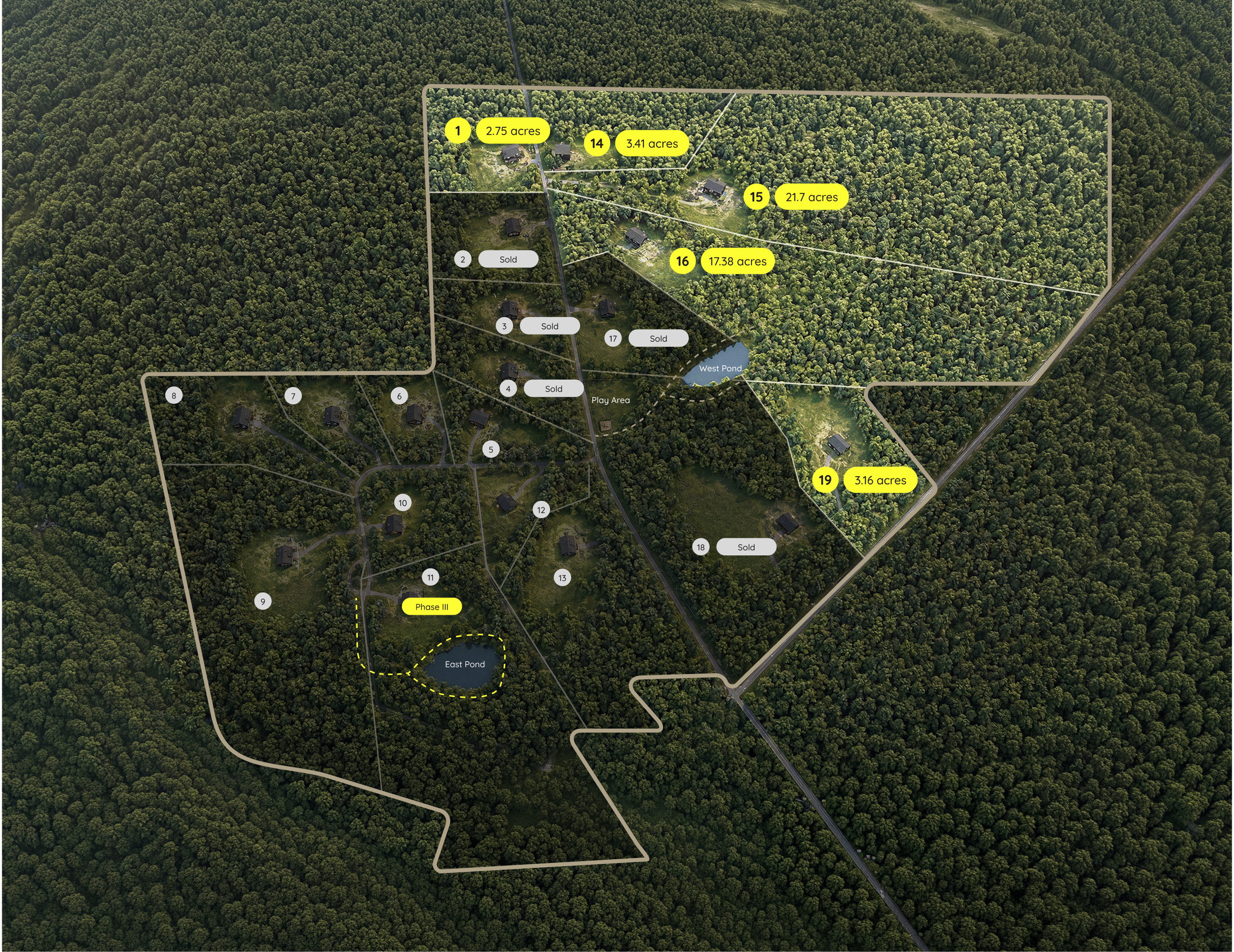 Site plan of the Rustic Pines lots, showing available and sold parcels