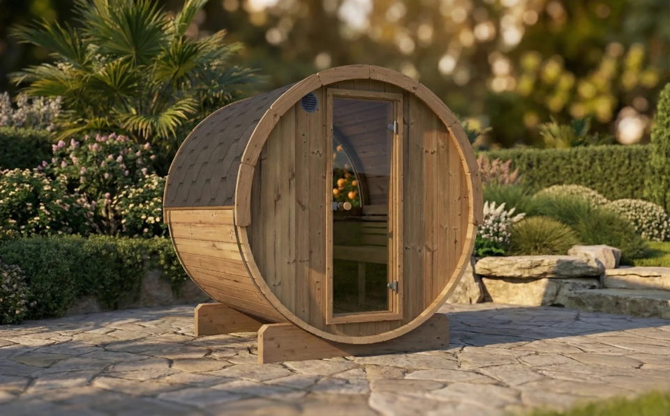 Barrel sauna set on the site approach